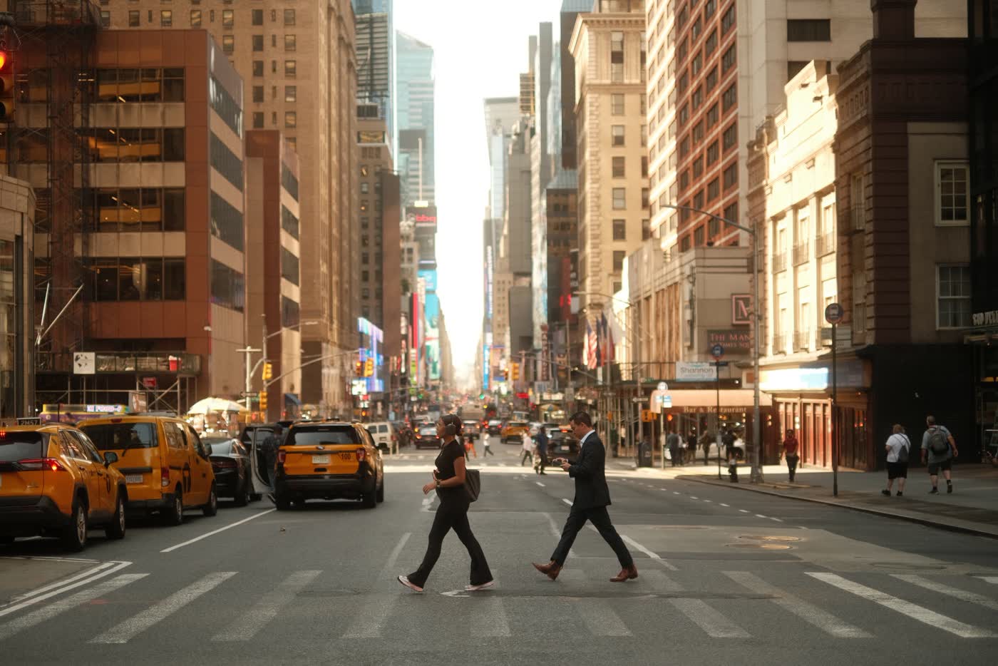 A New York street between tall buildings