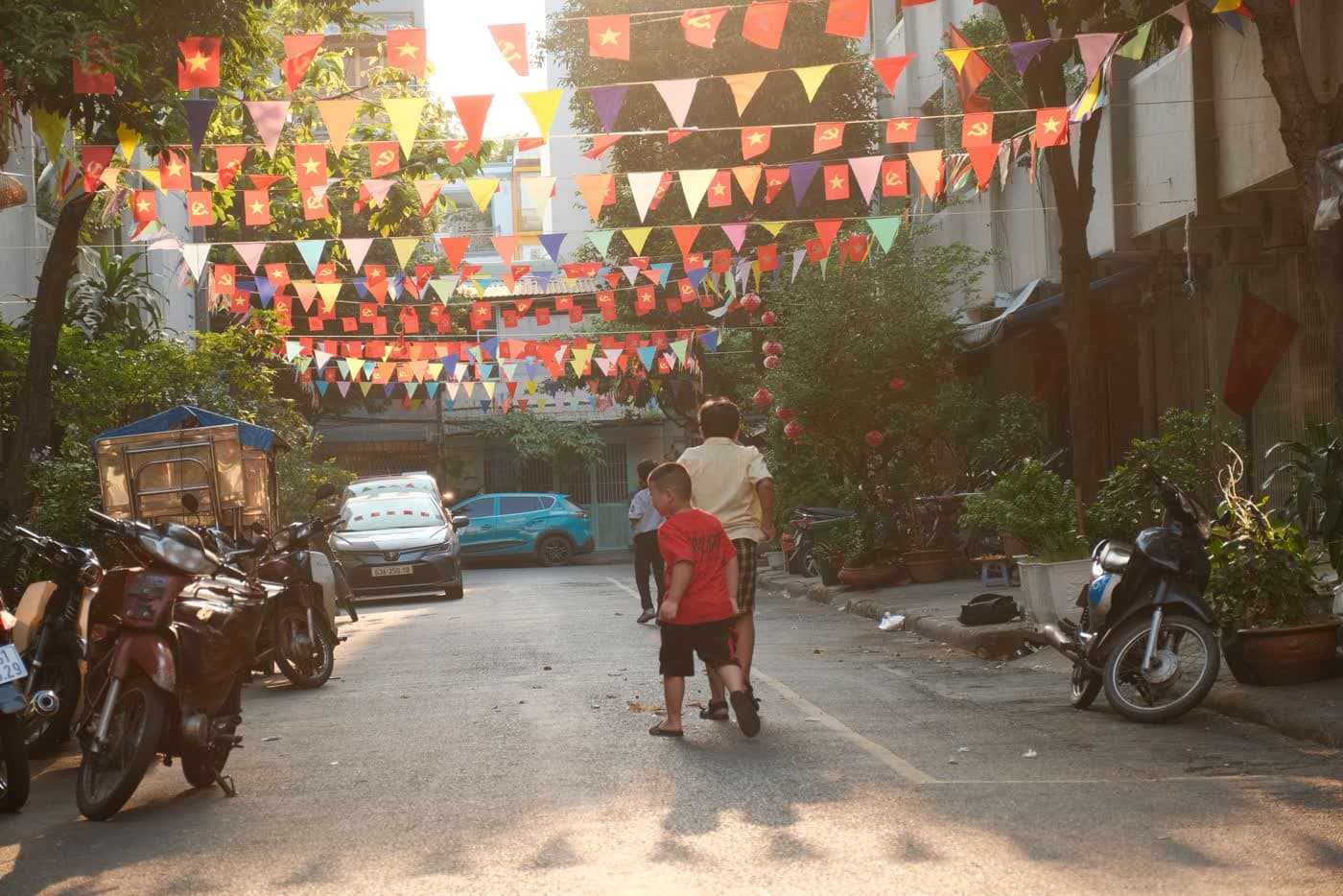 An alley strung with bunting